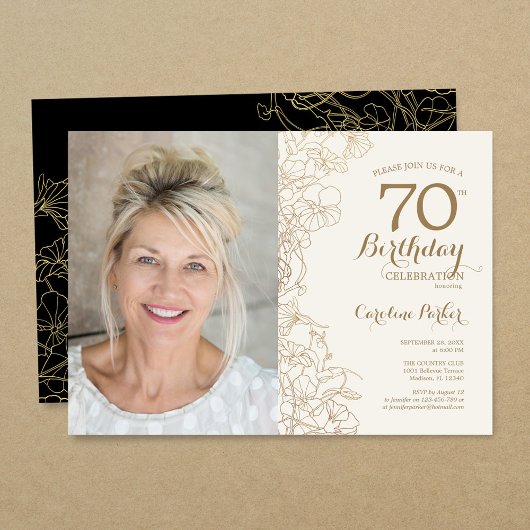 Invitation Elégant Gold Black Floral Photo 70e anniversaire