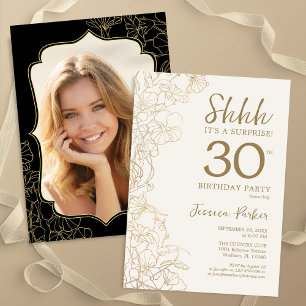 Invitation Elégant Gold Black Photo Surprise 30e anniversaire