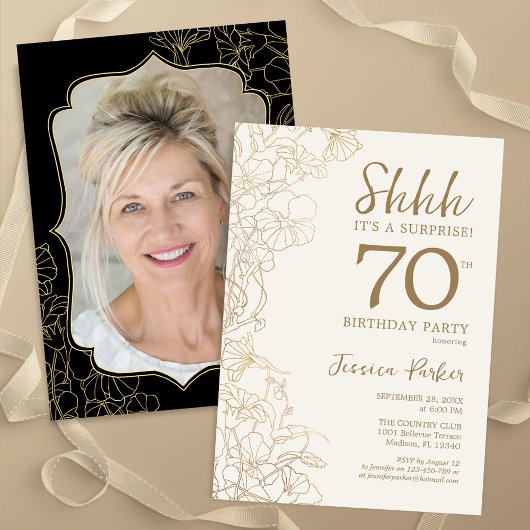 Invitation Elégant Gold Black Photo Surprise 70e anniversaire