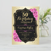 Invitation Elégant Gold Black Pink Photo 50e anniversaire (Debout devant)