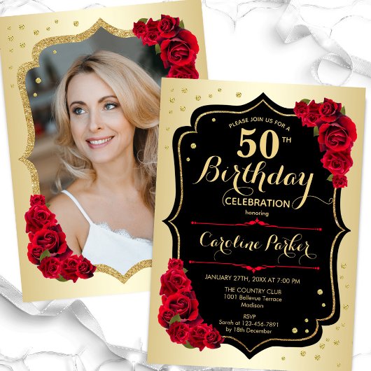 Invitation Elégant Gold Black Red Photo 50e anniversaire