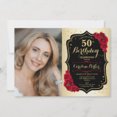 Invitation Elégant Gold Black Red Roses Photo 50e anniversair (Devant)