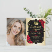Invitation Elégant Gold Black Red Roses Photo 50e anniversair (Debout devant)