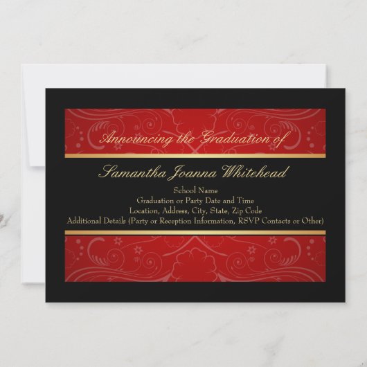 Invitation Élégant Gold/Black/Red Swirl College Graduation (Dos)