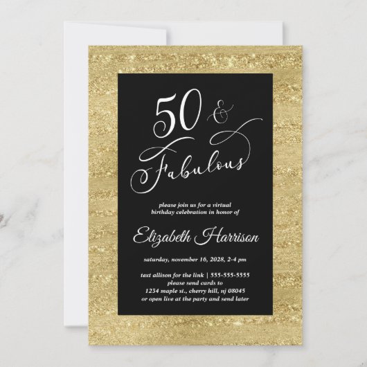 Invitation Elégant Gold Black Virtual 50th Birthday Party (Devant)