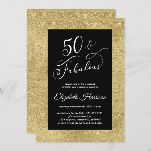 Invitation Elégant Gold Black Virtual 50th Birthday Party (Devant / Derrière)