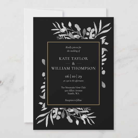 Invitation Elégant Gold Black White Foliage Mariage photo (Devant)
