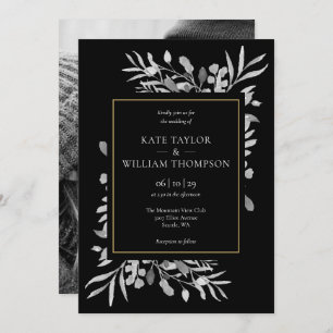 Invitation Elégant Gold Black White Foliage Mariage photo