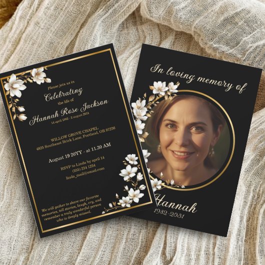 Invitation Elegant Gold Black White Magnolia Funeral Service