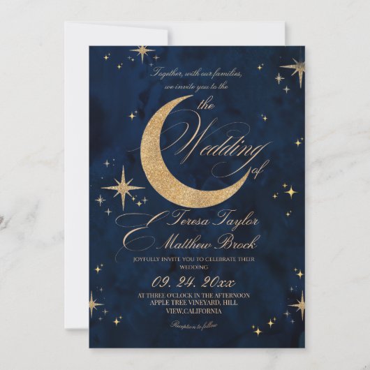 Invitation Elegant Gold & Blue Celestial Wedding  (Devant)