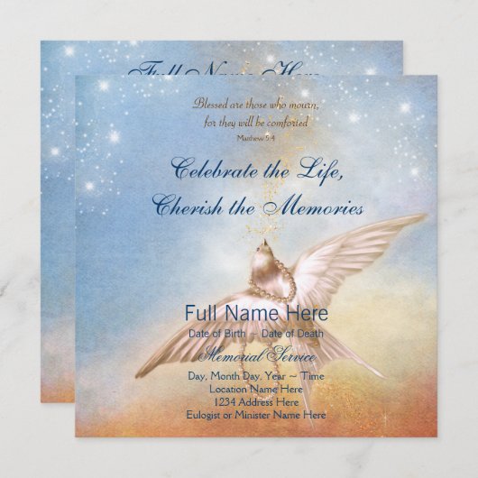 Invitation Elégant Gold Blue Dove En Mémoire Amoureuse (Devant / Derrière)