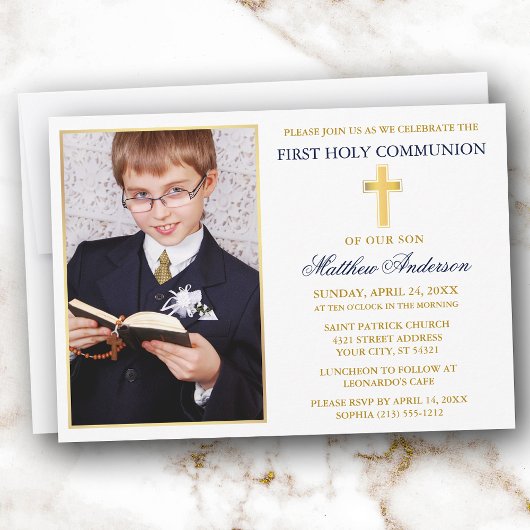 Invitation Elegant Gold Blue First Holy Communion Photo
