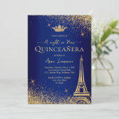 Invitation Elégant Gold Blue Paris Night Theme Quinceanera (Debout devant)