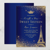 Invitation Elégant Gold Blue Paris Night Thème Sweet 16 (Devant / Derrière)