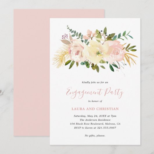 Invitation Élégant Gold Blush Pink Floral Engagement Party (Devant / Derrière)