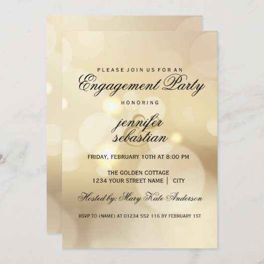 Invitation Elegant Gold Bokeh Light Chic Engagement Party (Devant / Derrière)