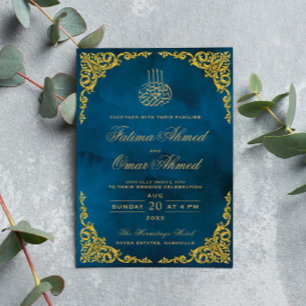 Invitation Elégant Gold Border Bleu islamique Mariage musulma