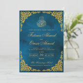 Invitation Elégant Gold Border Bleu islamique Mariage musulma (Debout devant)