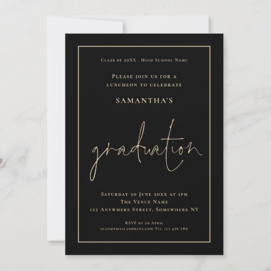 Invitation Elégant Gold Bordure Black Grad Luncheon Graduatio (Devant)