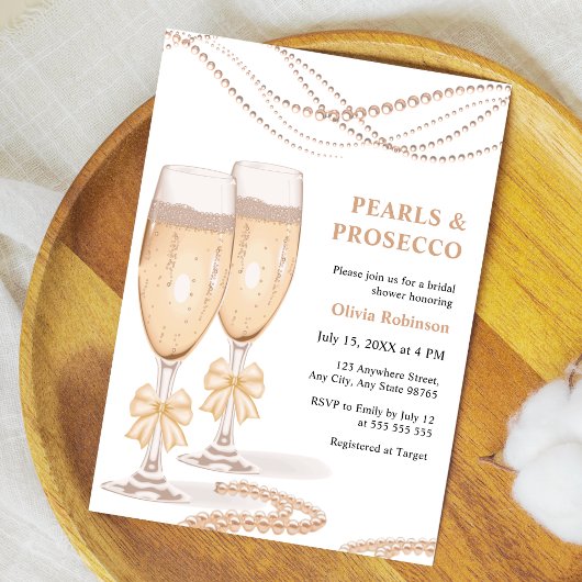 Invitation Elegant Gold Bow Pearls and Prosecco Bridal Shower