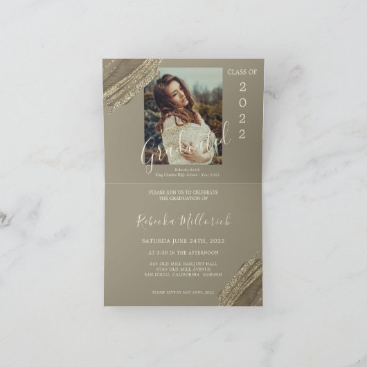 Invitation Elégant Gold Brown Green Graduation Party Photo (Intérieur)