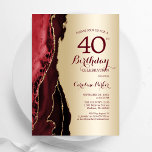 Invitation Elégant Gold Burgundy Red Agate 40e anniversaire<br><div class="desc">Burgundy foncé rouge et or agate 40e anniversaire invitation fête. Design moderne élégant avec agate marbre arrière - plan,  faux or parties scintillant et police de script de typographie. Carte invitation branchée parfaite pour une célébration anniversaire féminine élégante. Invitations Zazzle imprimées ou téléchargement instantané modèle imprimable numérique.</div>