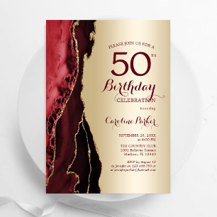 Invitation Elégant Gold Burgundy Red Agate 50e anniversaire