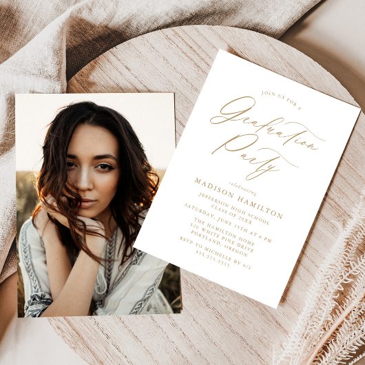 Invitation Elégant Gold Calligraphy Photo Graduation Party