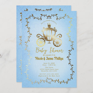 Invitation Elégant Gold Carriage Blue Storybook Baby shower