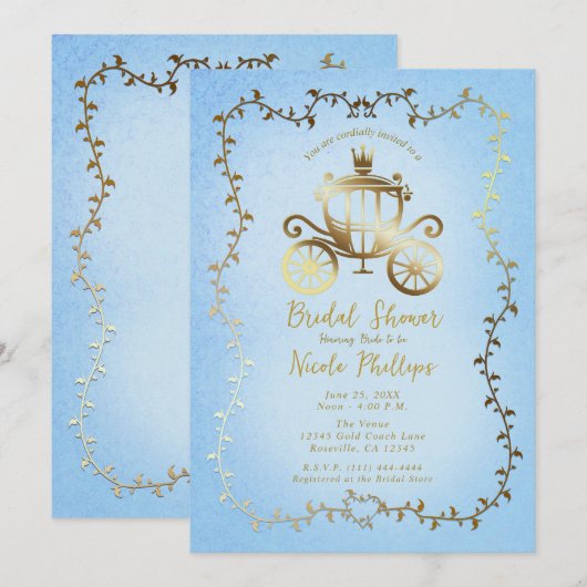Invitation Elégant Gold Carriage Blue Storybook Bridal (Devant / Derrière)