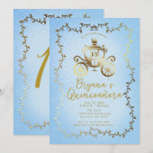 Invitation Elégant Gold Carriage Blue Storybook Quinceañera (Devant / Derrière)