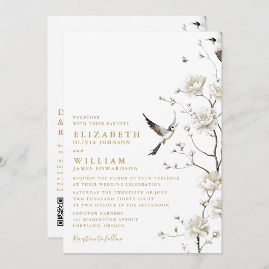 Invitation Elégant Gold Chinoiserie Floral QR Code Mariage (Devant / Derrière)