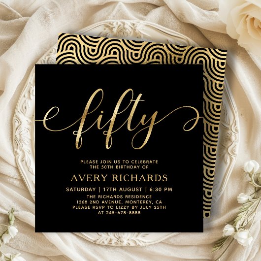 Invitation Elégant Gold Cinquante Script Noir 50e anniversair