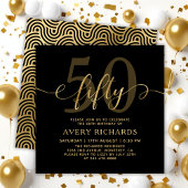 Invitation Elégant Gold Cinquante Script Noir 50e anniversair