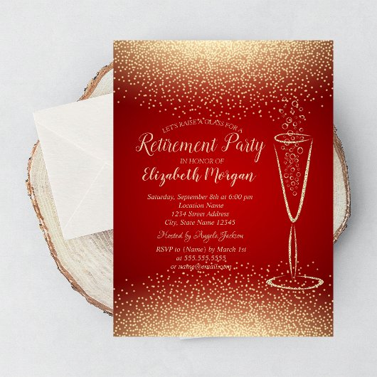 Invitation Élégant Gold Confetti Vin Verre Rouge Retraite