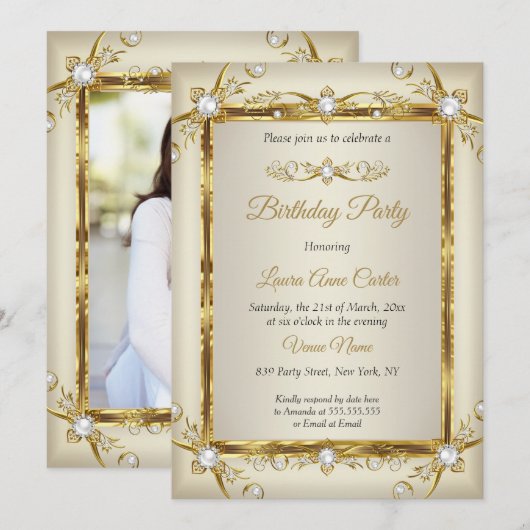 Invitation Elegant Gold Cream Pearl Photo Anniversaire (Devant / Derrière)
