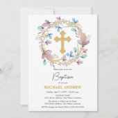 Invitation Elégant Gold Cross Baptism Floral (Devant)