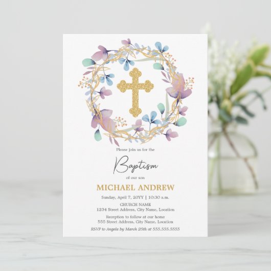 Invitation Elégant Gold Cross Baptism Floral (Debout devant)
