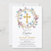 Invitation Elégant Gold Cross Baptism Floral (Devant)