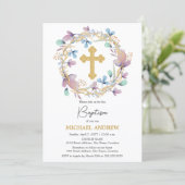 Invitation Elégant Gold Cross Baptism Floral (Debout devant)
