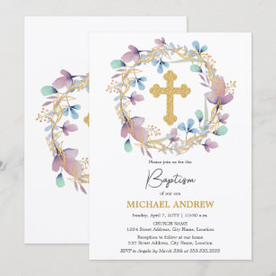 Invitation Elégant Gold Cross Baptism Floral