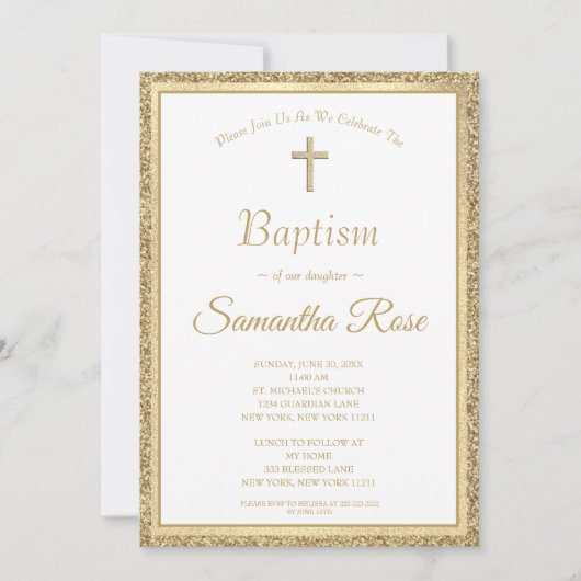 Invitation Elégant Gold Cross Baptism Genre Neutre (Devant)