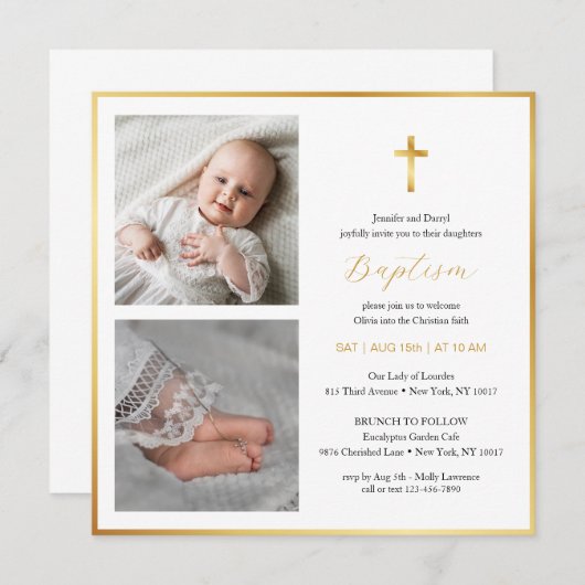 Invitation Elégant Gold Cross Baptism | Script moderne (Devant / Derrière)