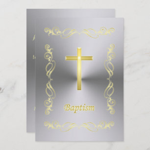 Invitation Elégant Gold Cross Baptism sur métal arrière - pla