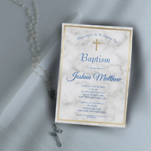 Invitation Elégant Gold Cross Boy Marbre blanc bleu Baptême