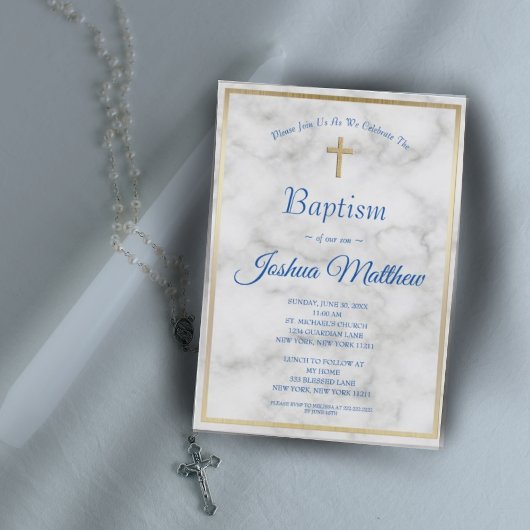 Invitation Elégant Gold Cross Boy Marbre blanc bleu Baptême