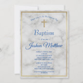 Invitation Elégant Gold Cross Boy Marbre blanc bleu Baptême (Devant)