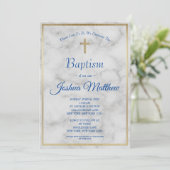 Invitation Elégant Gold Cross Boy Marbre blanc bleu Baptême (Debout devant)