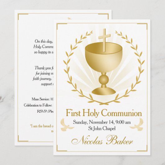 Invitation Elegant Gold Cross Chalice First Holy Communion (Devant / Derrière)