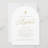 Invitation Elegant Gold Cross Script Calligraphy Baptism (Devant)